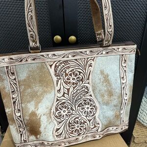 Western Linen Brown and Cream Leather With Cow Hide Floral Embossed Tote Bag